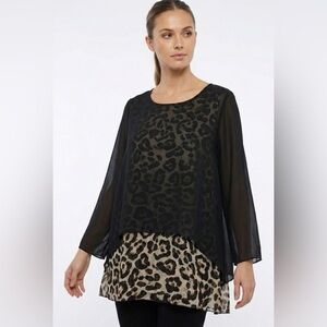 K d. BEAUTIFUL Poly Chiffon Animal Print Blouse w/ Black Chiffon Overlay Sz XL